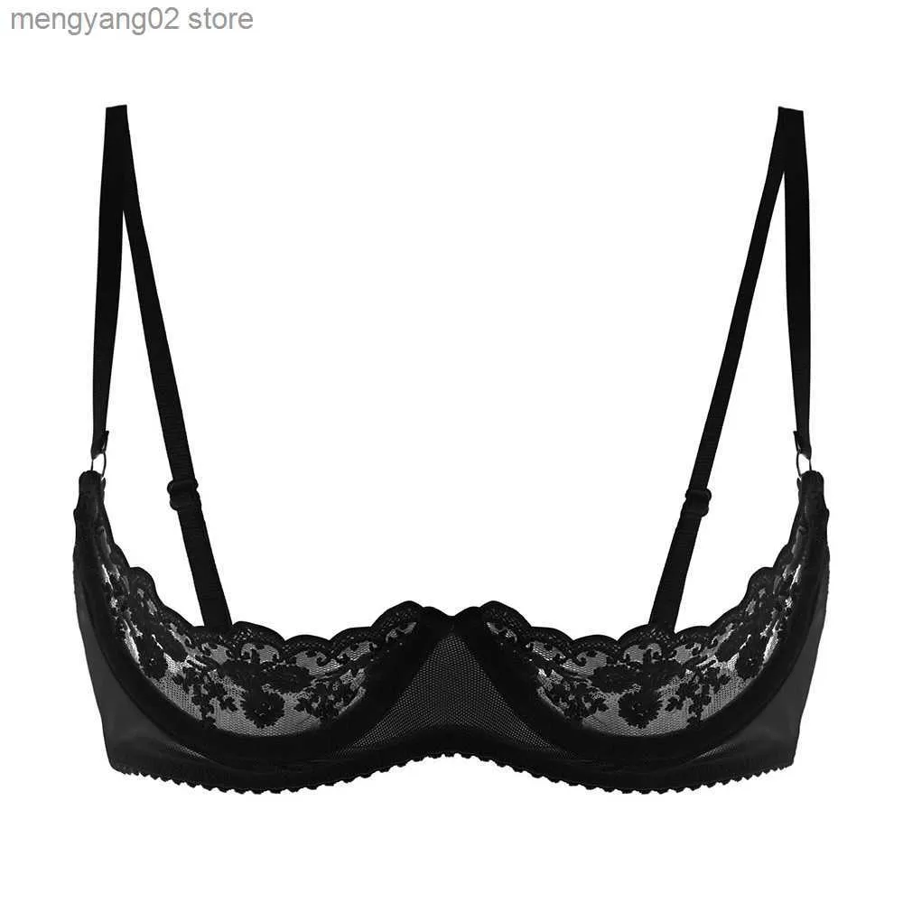 Womens See Through Sheer Lace Quarter Cup Shelf Bra Unlined Bralette Push Up  Underwired Bra Tops