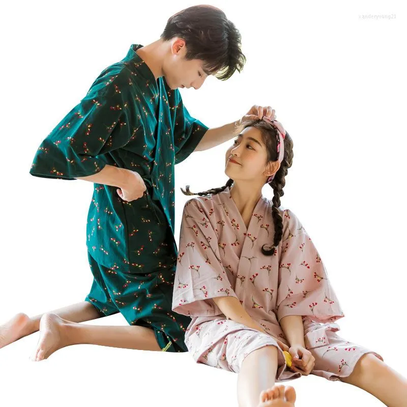 Etnik kıyafet Kimono hırka pijamaları Japon vintage kadın erkek pamuk yukata pijama bornoz kısa kollu uyku salonu setleri