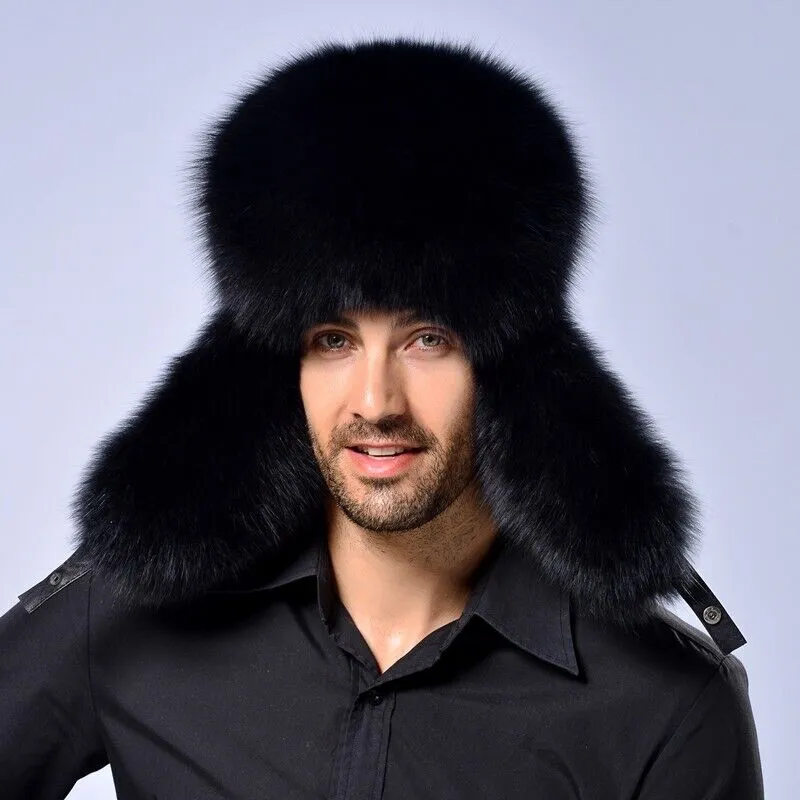 Men's Natural Fox Fur Hat Real Sheepskin Earmuffs Caps Winter Warm Headwear Black