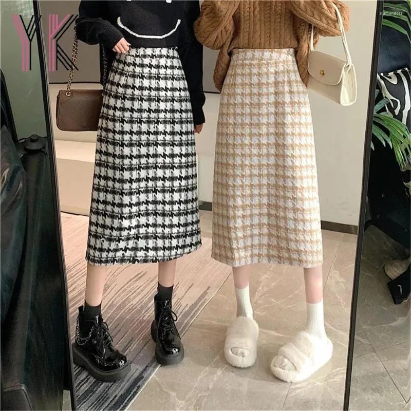 Saias engrossam lã mistura Houndstooth Women Women Straight Autumn Inverno Inverno elegante Casual Midi Slimming Vintage Warm saia