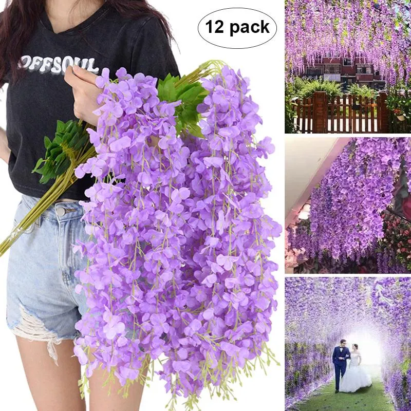 Dekoratif çiçekler 12pcs 110cm yapay wisteria asma çelenk ipek bitkileri düğün için rattan asılı ev bahçe duvar dekor