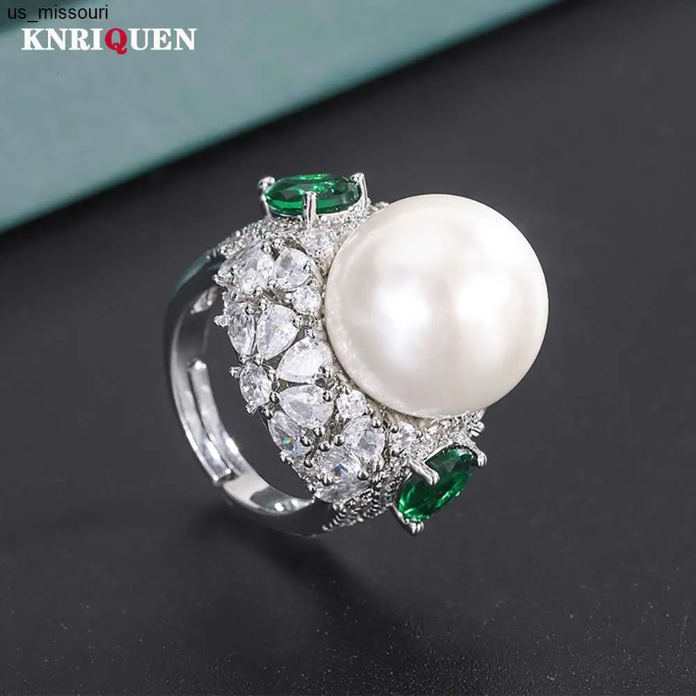 Pierścienie zespołowe luksus 16 mm biały złoto Pearl Pearl Emerald Stone Pierścienie dla kobiet laboratoryjnych przyjęcie koktajl