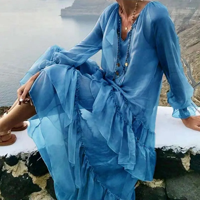Casual Kleider Frauen Bohemian Maxi Kleid Mode V-ausschnitt Durchsichtige Rüschen Party 2023 Sommer Frühling Lange Ärmel Solide Chiffon