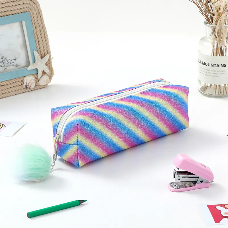 Rainbow Glitter Powder Pen Bag Rectangular Zipper Slim Pencil