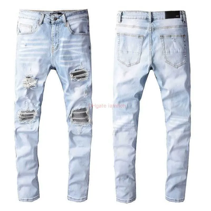 Designer Clothing Amires Jeans Denim Pants Amies Fashion Brand New Pantalons Hommes Blanc Percé Broderie Patch Élastique Slim Pantalon Denim Pantalon 699 Distressed Rippe