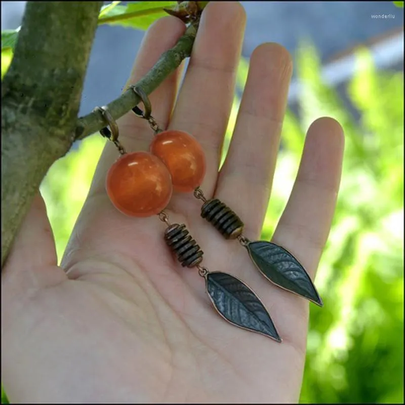 Dangle Earrings Women Ethnic Bronze Metal Leaves Coral Color Beaded Statement Drop For Wedding Party Gift