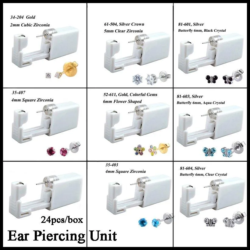 Stud 24pcs/box Disposable No Pain Sterile Ear Piercing Unit Kit Stud Earring Jewelry Cartilage Tragus Helix Piercing Ear Gun Tool