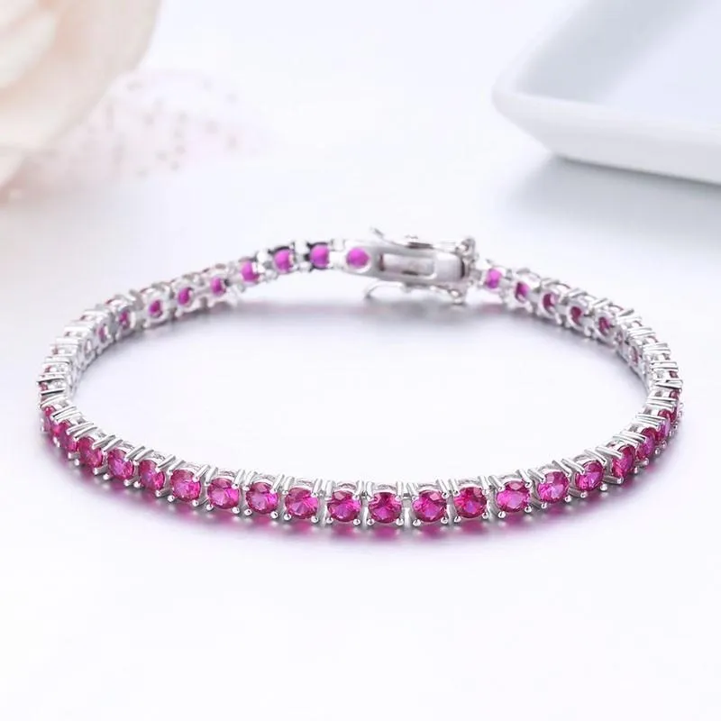 Armreifen 3mm 925 Sterling Silber Runde Rose Rot Synthetische Rubin Tennis Armbänder Pulseras Pulseira Armband Frauen Schmuck Freundin