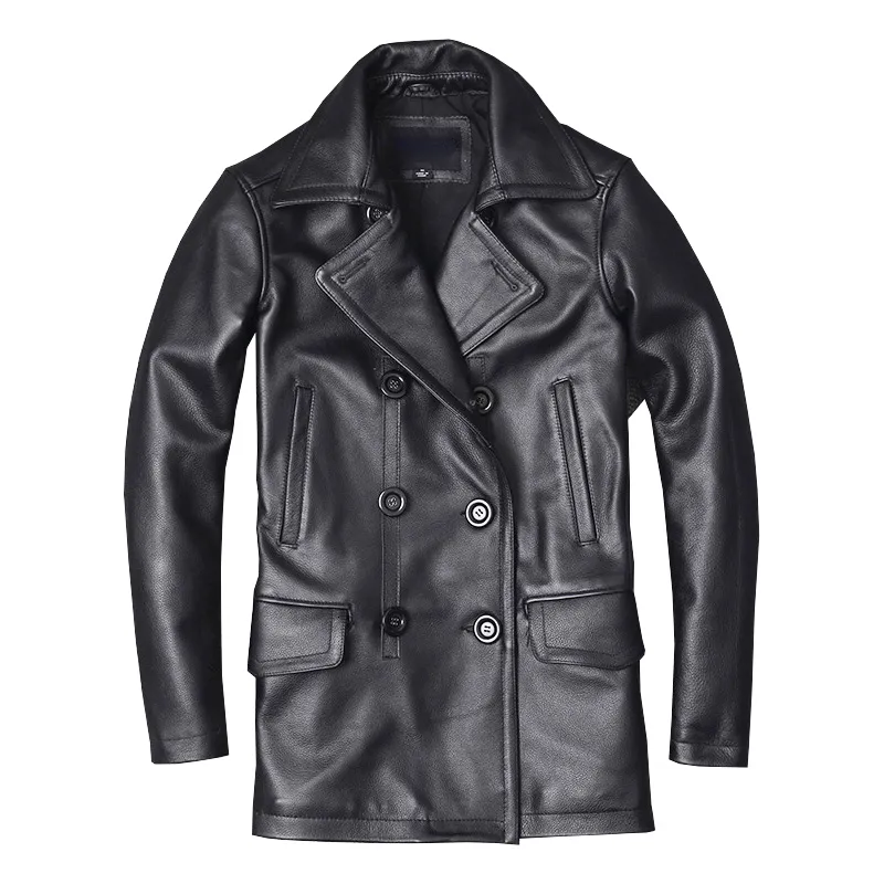 Hommes Vestes En Cuir Véritable Veste En Cuir De Vache Mâle Pardessus Automne Hiver Business Manteau Trench Style À Double Boutonnage Vêtements En Cuir De Veau 230522