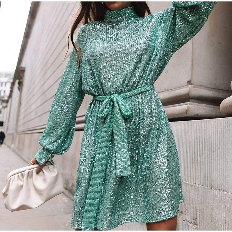 Green Sequin Cocktail Dress: Turtleneck Long Sleeve... From Jiao02, $29.22  In Bulk | DHgate.Com