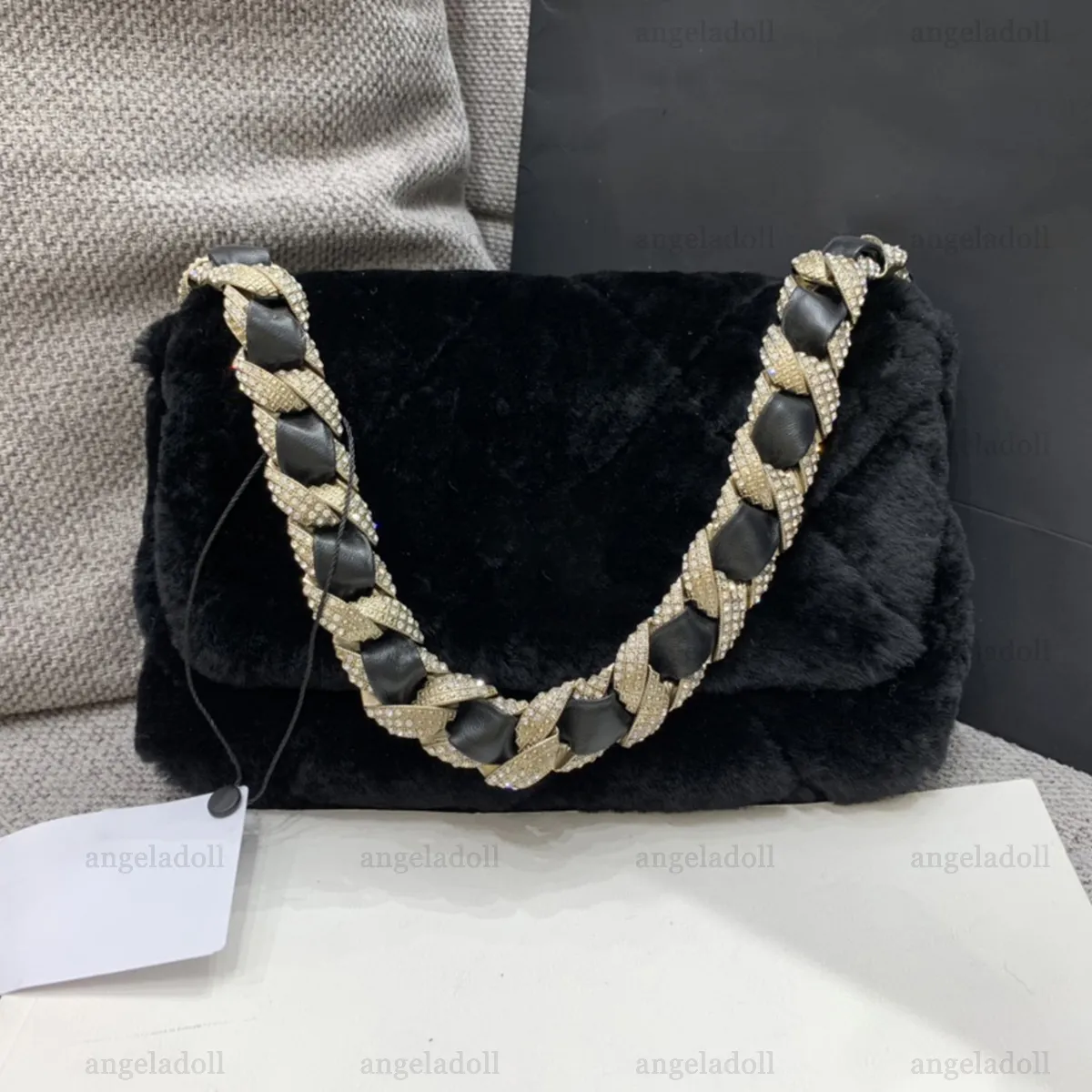 10A Mirror Quality Designers Mini Borsa rettangolare con patta 20cm Borsa trapuntata in lana da donna Borsa interna in vera pelle di agnello nera Borsa con strass Pochette con scatola