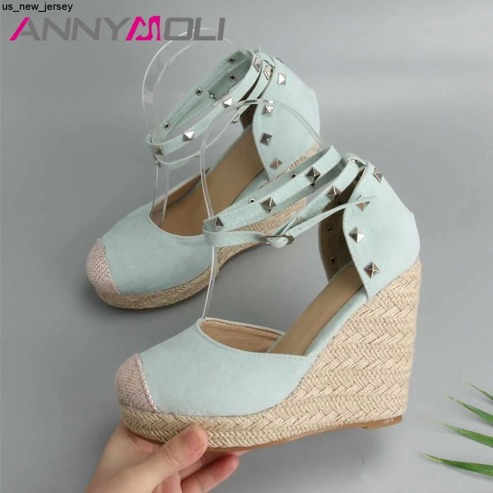 Sandales ANNYMOLI Sandales Femmes Rivets Plateforme Compensées Talons Hauts Espadrilles Chaussures D'été Sexy Bohême Bride À La Cheville Sandales Taille 34-43 J230518 J230519