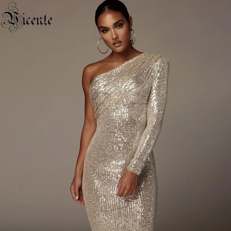 Basic Casual Dresses VC Sexy One Shoulder Dres Sparkle Glitzy Sequins Mesh Patchwork Celebrity Christmas Party Vestidos 230522