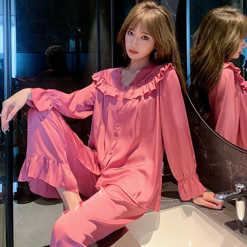 家庭用服ピンク2pcsパジャマスーツ女性親密なランジェリーカジュアルVネックフレアスリーブスプリングスリープセットホームウェアパジャマ