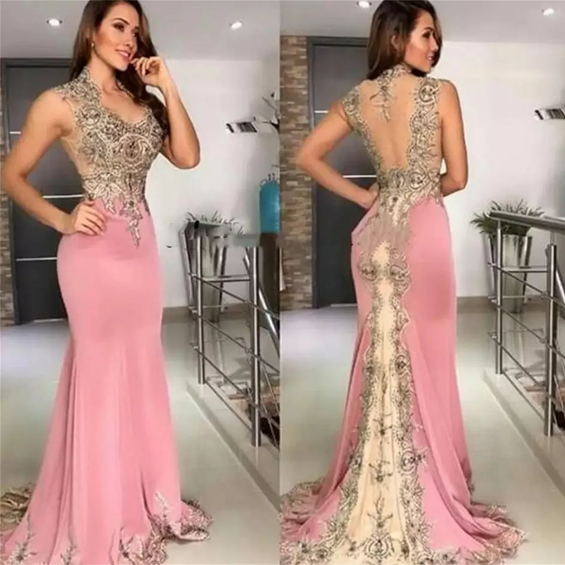 Sexy Illusion sirène robes de soirée formelles robes de soirée de bal col en V dentelle appliques perlées sans manches dos transparent robe d'occasion spéciale pour les femmes 2023