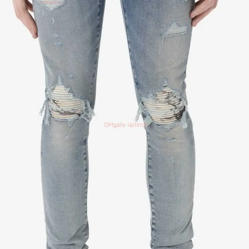 Designerkleidung Amires Jeans Denim-Hosen 839 Amies trendige Marke mit abgenutzten Löchern, Tarnaufklebern, großer Schaden, schmale Passform, kleiner Fuß, elastische Jeans, Herren, hohe Str