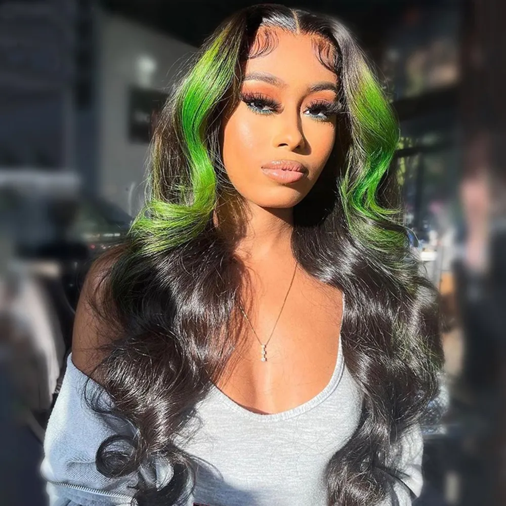 Highlight Green Lace Front Human Hair Wig 13x1 T Part Ombre  display picture 1