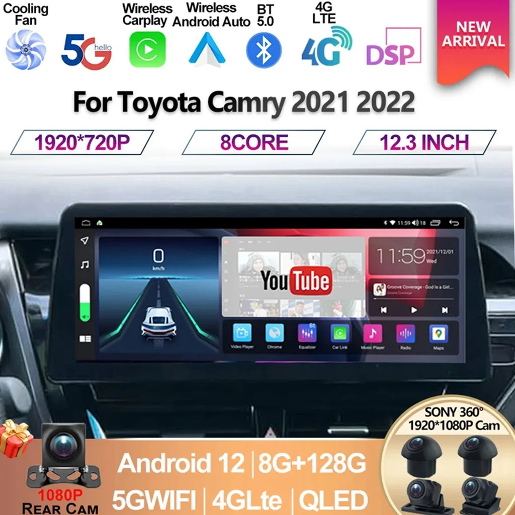 Per Toyota Camry 2021 2022 Schermo da 12.3 pollici Car Multimedia Lettore Video Navigazione GPS Radio Android 12 8 + 128G Carplay DSP Sound-4