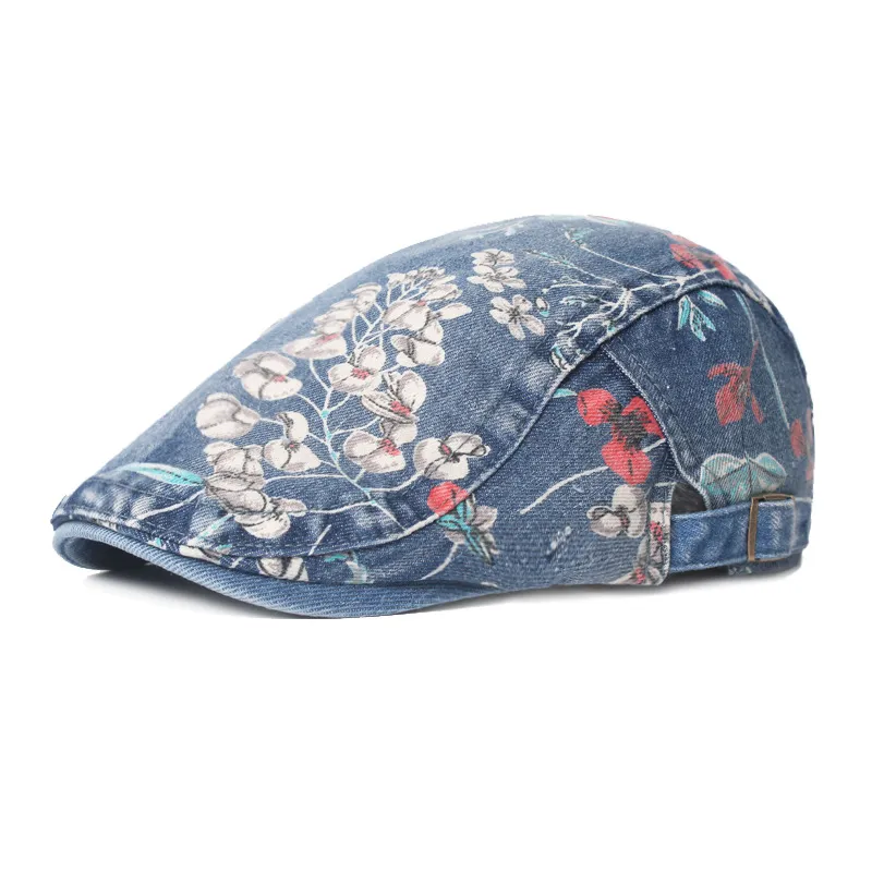 Kvinnors basker blommorduk denim toppade keps kinesisk stil retro newboy caps reser solfast framåt hatt casquette sunhat