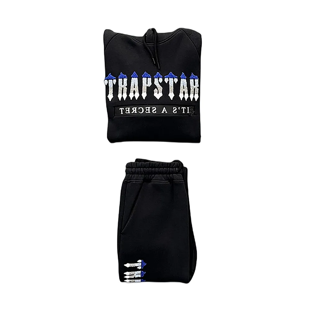 Trapstar Chenille Decoded 2.0 Tracksuit Embroidered Hoodie & Joggers Set, Black/Blue, XS XL From