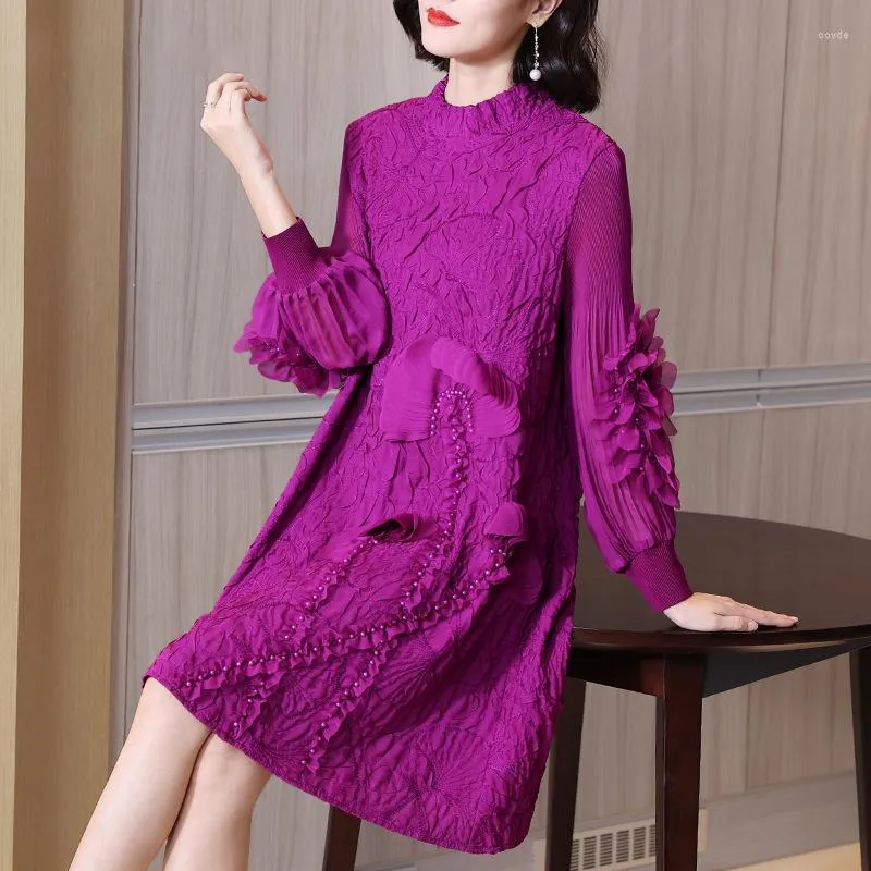 Casual Dresses Women's Long Sleeved Dress 2023 Autumn And Winter Stand Collar Fashion Miyake Pleated Loose Stretch A-Line Knee Length