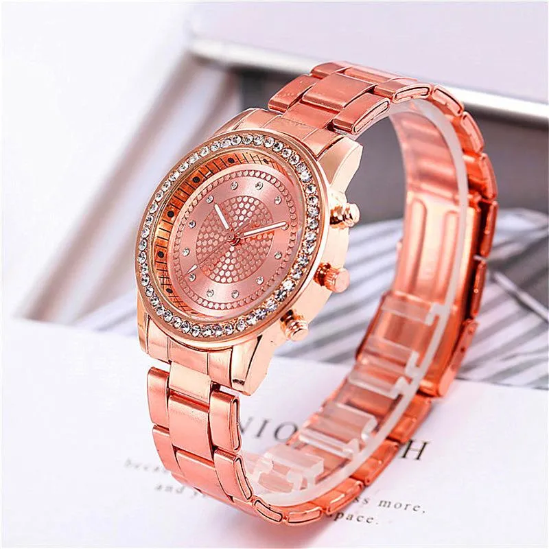 Luxury Rhinestone Watches Ladies Alloy Ladies Wrist Watch Rose Gold