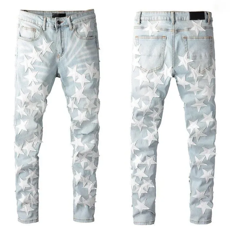 Herrenjeans High Street Herren Slim Fit Denim Lässige Distressed Skinny Stretch Gestickte Ledersterne Patchwork Zerrissene Hosen 2024