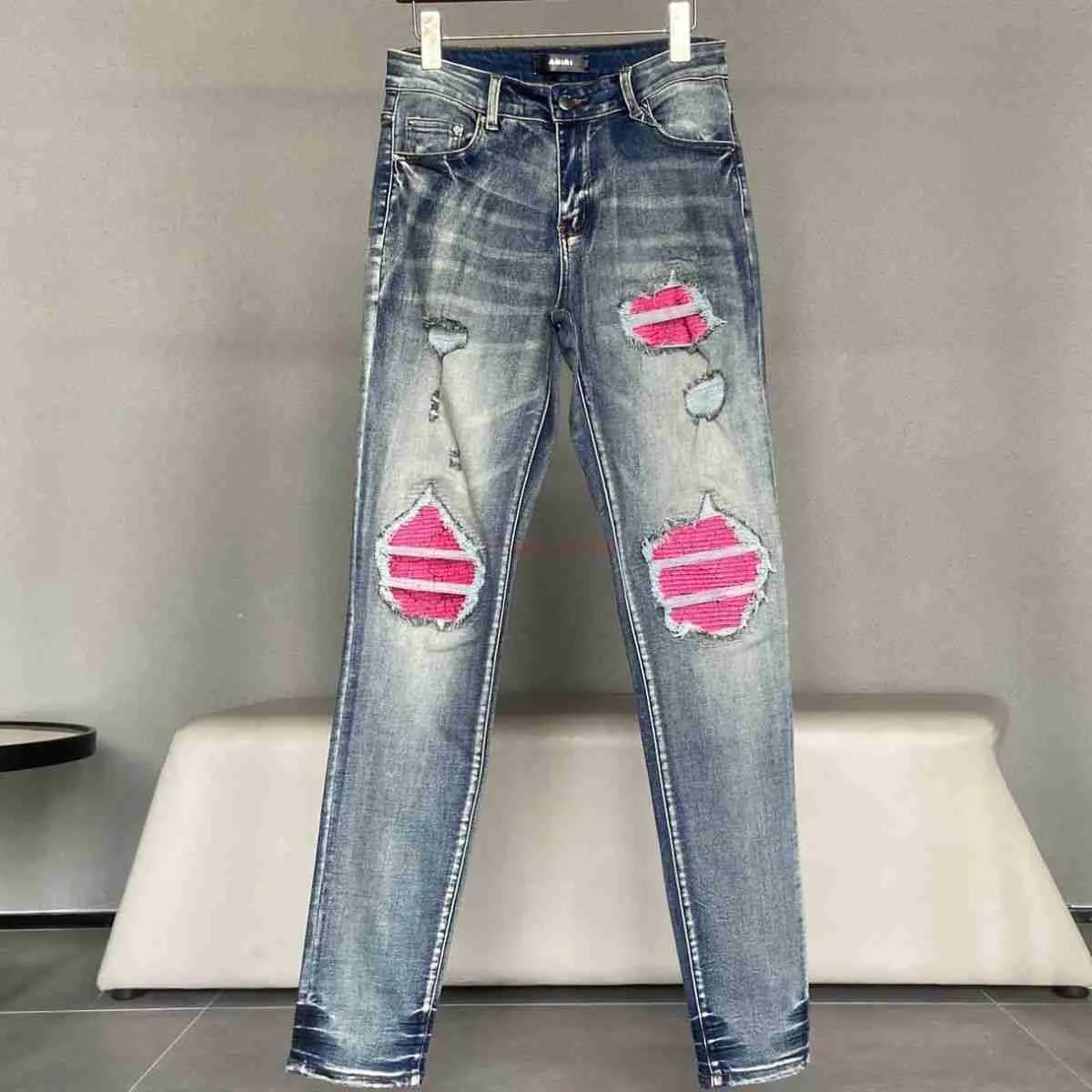 Designer Clothing Amires Jeans Denim Pants Fashion Brand Amies Red Pleated Patch Holes Old Jeans Mens Stretch Slim Ins Leg Pants Distressed Ripped Skinny Motocycle B
