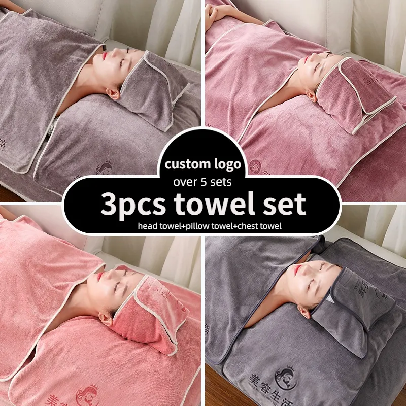 Custom Logo Beauty Salon 3pcs Microfiber Towel Set, Turban+ Chest Towel + Pillow Cover, Salon Bed Bath Hair Towels Sets