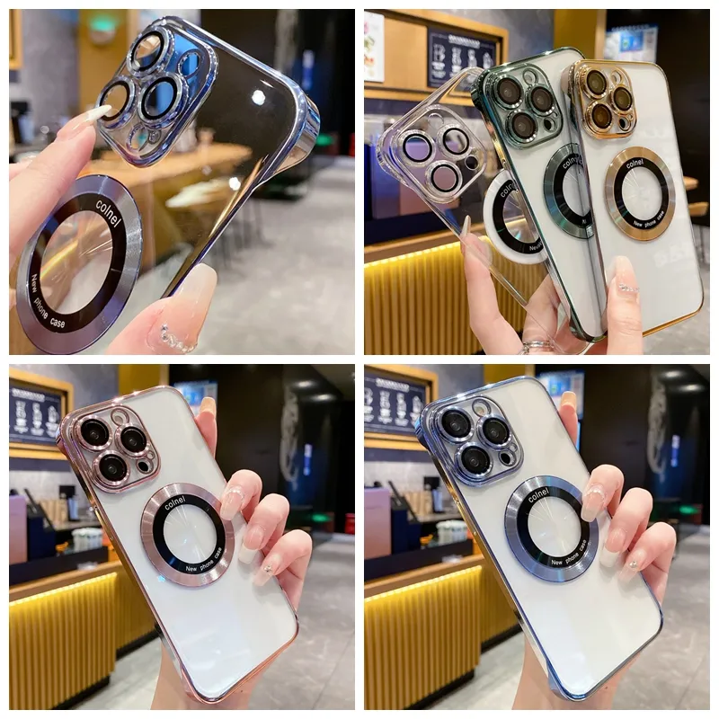 Verchroomde magnetische draadloze oplaadhoesjes voor iPhone 15 14 Pro MAX Plus 13 12 11 Hard plastic PC-magneet Hybride kleurencamera Lensbeschermer Helder schokbestendig telefoonhoesje
