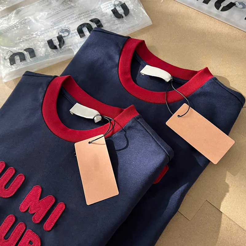 Miu T -shirtontwerper Dames Tops Stitching Cotton Borduurwerk Letters Round Neck Short T -shirts Fashion tee Summer Ladies Kleding