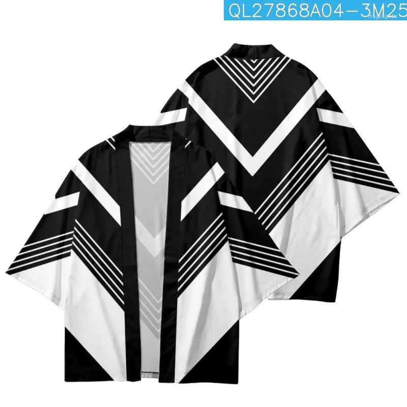 Etnisk kläder sommar japansk svart vit randig tryckt traditionellt kimono strand shorts par kvinnor män streetwear cardigan yukata