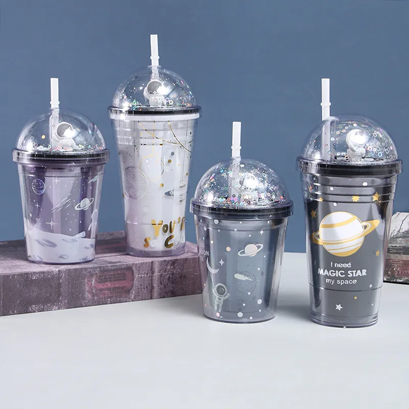 Creative Tumbler Mugs Space Cup Double Layer Plastic Star Cups With lights LED Starlight Girls Cute Drinking Juice Cups With Straws