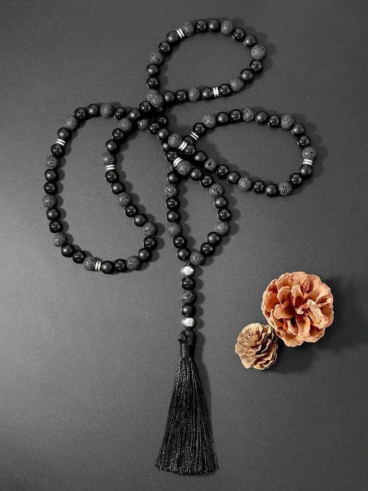 Halsband oaiite 8mm onyx och lava sten pärlor halsband etnisk boheme 108 mala pärla yoga meditation halsband för kvinnor