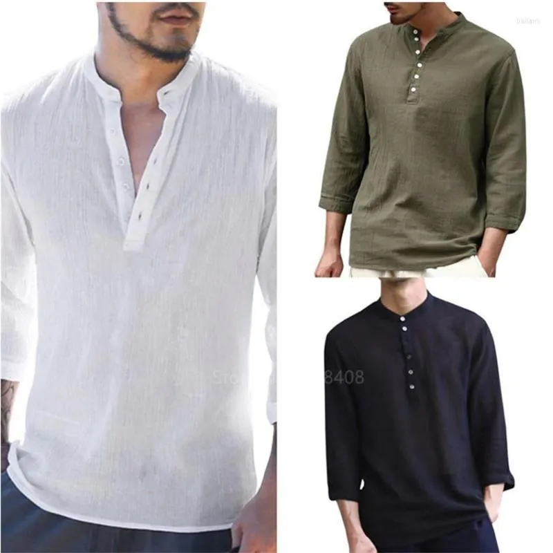 Abbigliamento etnico Uomo Camicia a maniche lunghe tinta unita Casual T-shirt in lino di cotone primaverile Cinese tradizionale con scollo a V Hanfu Bottoni retrò Top per uomo