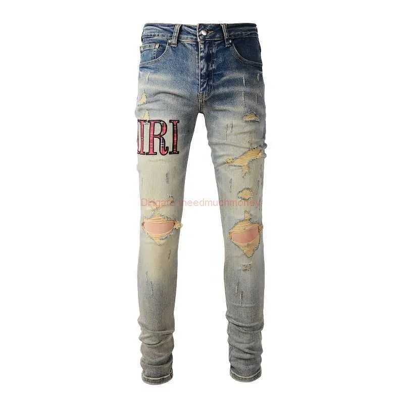 Mens Ripped Jeans Slim Fit Distressed Denim Pants with Red Check