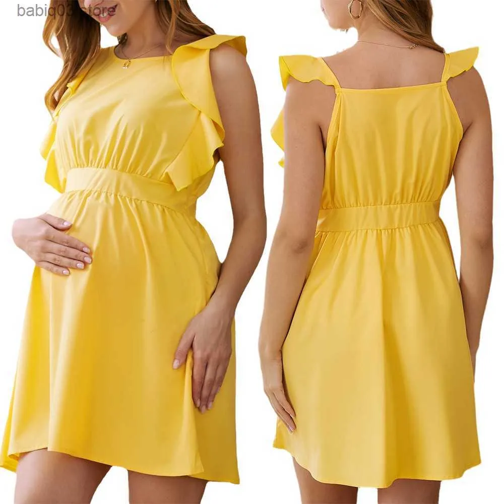 Vestidos de maternidad Nuevos vestidos amarillos para damas embarazadas Volantes manga S lido Baby Shower Midi Vestido de maternidad Premama Ropa para