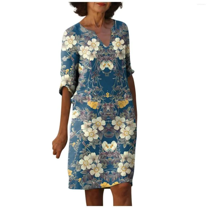 Robes décontractées mode femmes 2023 été Vintage feuille florale imprimé col en v demi-manches robe élégante fête Vestidos Para Mujer