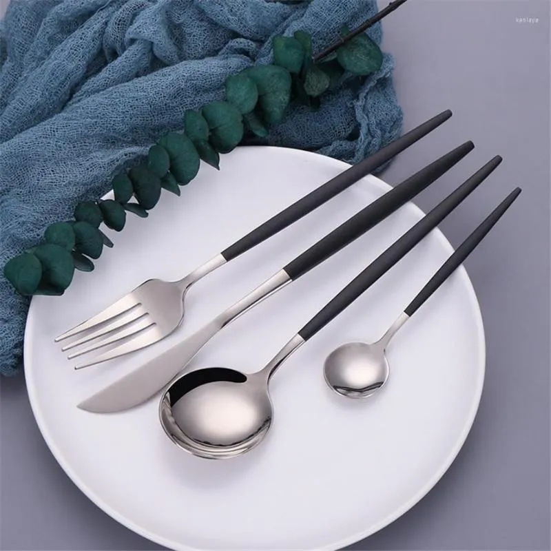 Table Mats Black Silver Fork Spoon Knife Stainless Steel Cutlery Set Silverware IceTea Flatware Tableware Chopsticks Dinnerware