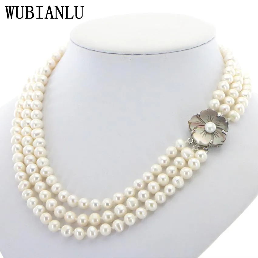 Colliers WUBIANLU 3 rangées 78mm collier de perles d'eau douce blanche chaîne boutons floraux bijoux femmes fille banquet 1719 pouces mode charme
