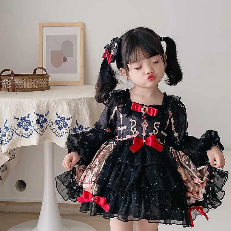 Meisjesjurken Black Gotic Lolita Baby Girl Witch Cavai Bow Lace Long Sleeve Princess Dress Jadeen kostuum G220523