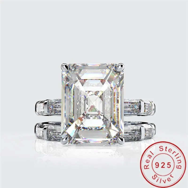 Ringar Emerald Cut 4CT Moissanite Diamond Ring sätter 100% Original 925 Sterling Silver Engagement Wedding Band Rings for Women Smycken
