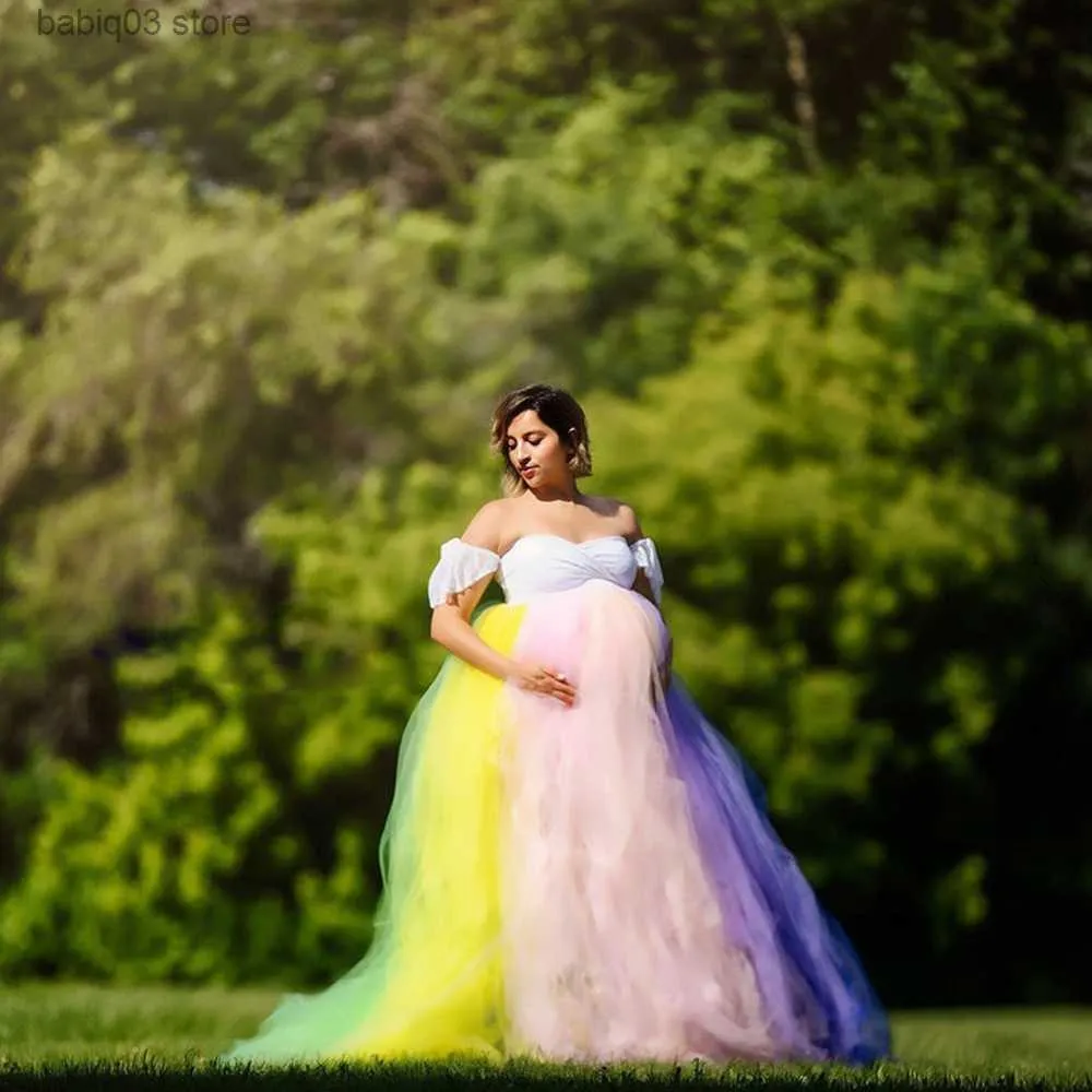 Maternity Tutu Dresses for Pregnancy Photography Rainbow Maxi Dress for Photo Shoot T230523