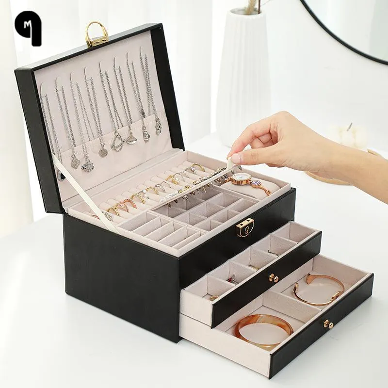 Afficher la boîte à bijoux de flanelle noir surdimensionné 3Layes Boîte de bijoux de flanelle noire Bijou Bijou Organisateur Collier Bague de rangement d'anneau d'oreille pour les cadeaux pour femmes