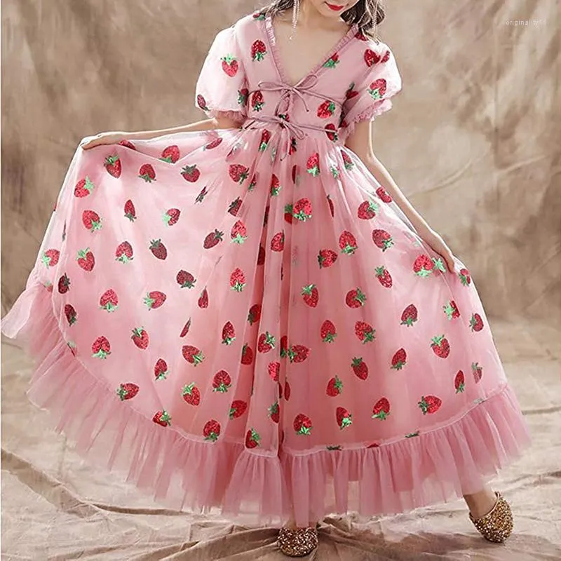 Girl Dresses Kids Strawberry Sequins For Girls 7-11Y Baby Short Sleeve Party Dress Bow Bandage Sweet Princess Children Clothing