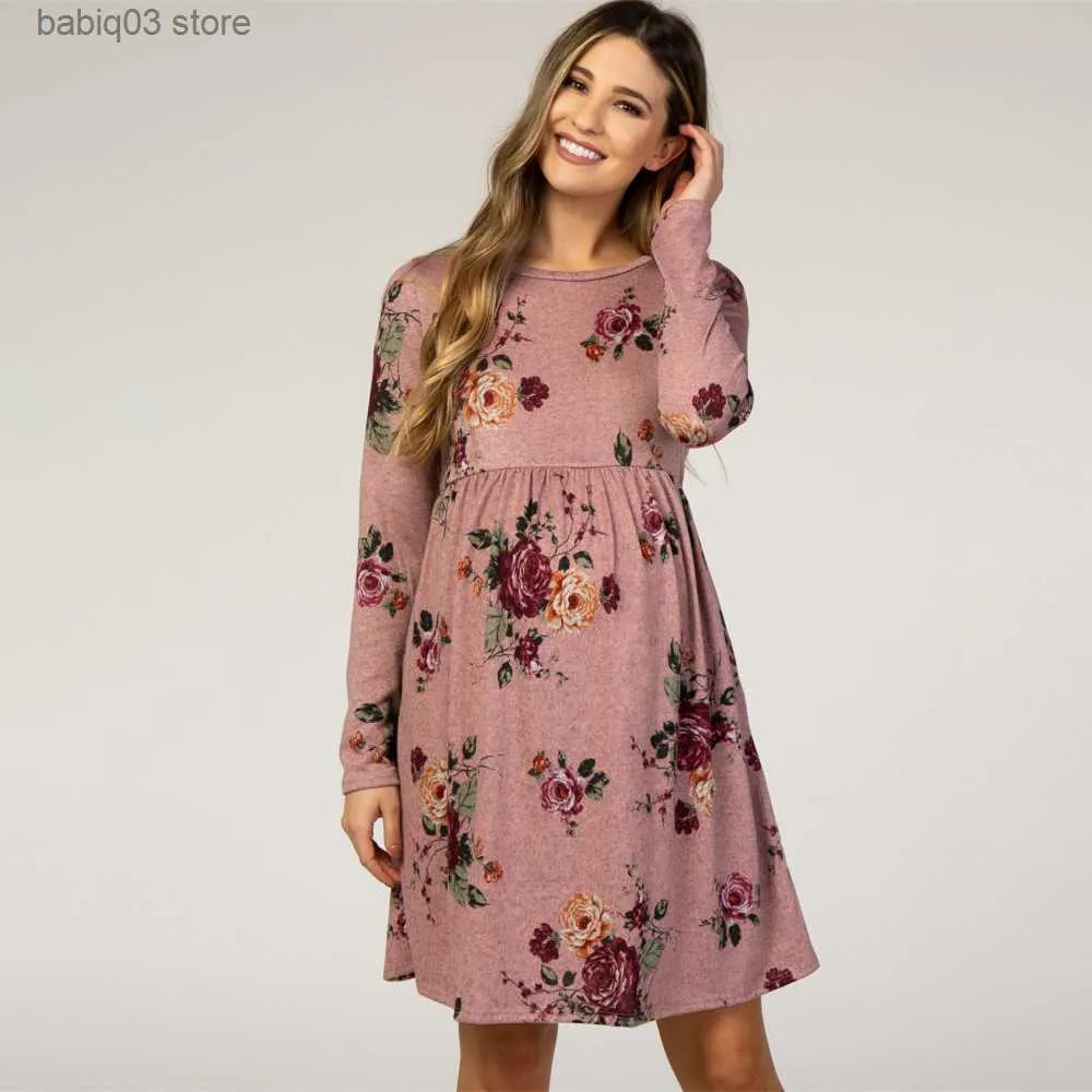 Vestidos de maternidade roupas de gravidez impressão floral mãe amamentando vestido de maternidade saia de manga comprida para mulheres grávidas.