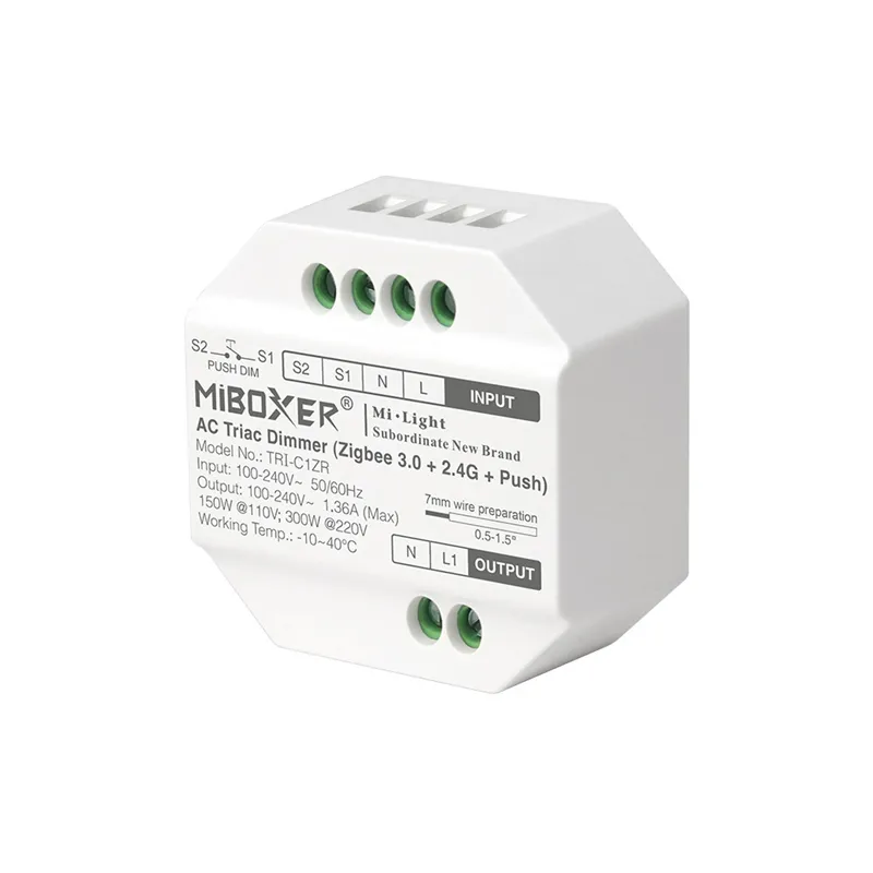 MiBoxer TRI-C1ZR ZigBee 3.0 + 2.4G AC 110-240V Triac gradateur interrupteur poussoir RF gradateur App/voix/télécommande