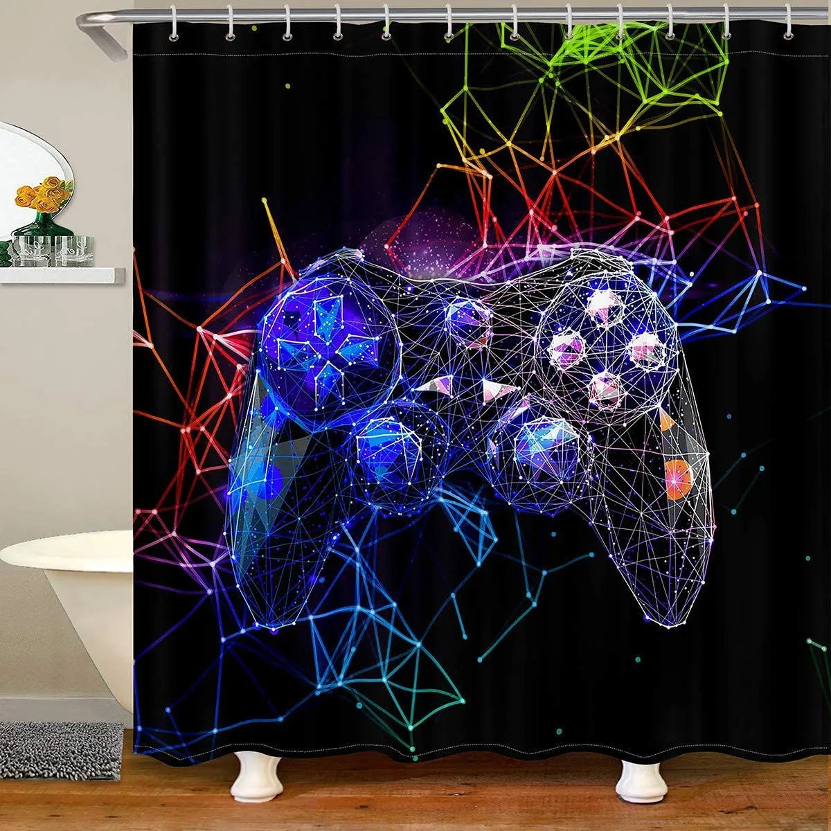Занавески для душа современный геймер занавесок -занавеска контроллер видеоигр для ванны занавестный декор. Яркая красочная геометрия Водонепроницаемы