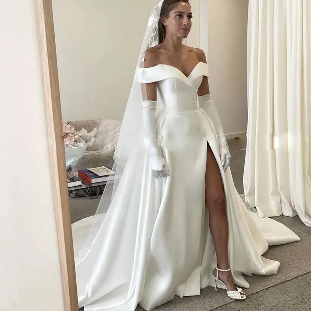 High Slit Mermaid Wedding With Buttons Off The Shoulder Sweetheart Neckline Beach Bridal Gowns Long Satin Dresses For Women 326 326