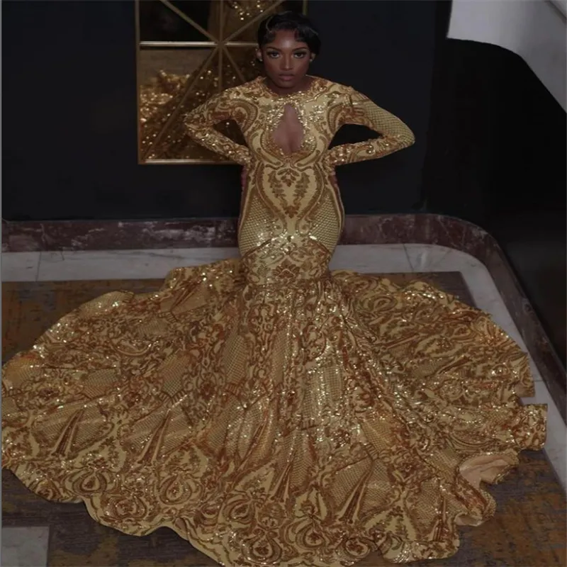 Glitzerndes Gold-Pailletten-Abschlussballkleid 2023, langärmelig, rückenfrei, für schwarze Mädchen, formelle Partykleider, Meerjungfrau, Geburtstag, 15 Jahre, Abendkleid, Robe de Soiree, Vestido de Noche